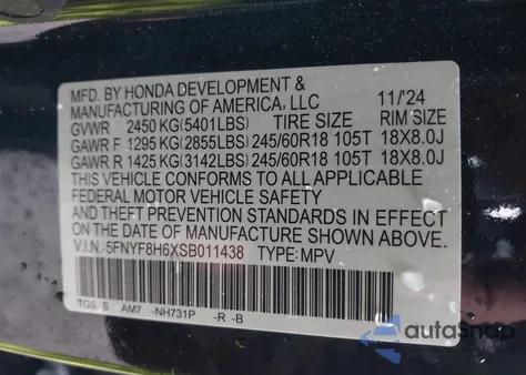 2025 Honda Passport Awd Trailsport from USA, damaged, VIN 5FNYF8H6XSB011438